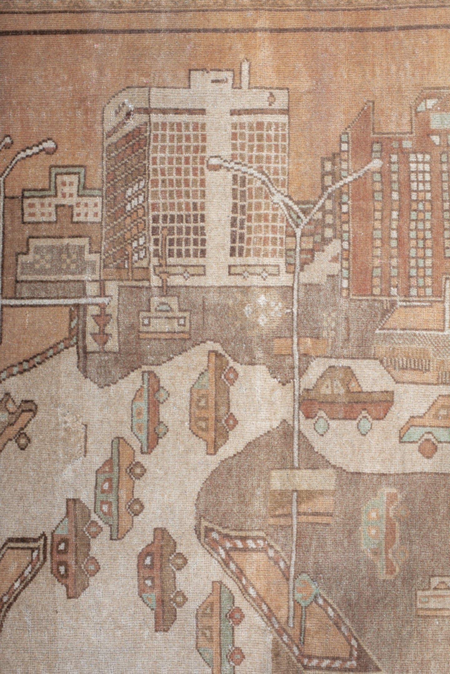 4' x 6' one-of-a-kind handmade vintage Belouch small size rug. Color palette: camel, taupe, brown, ivory, charcoal, rose
