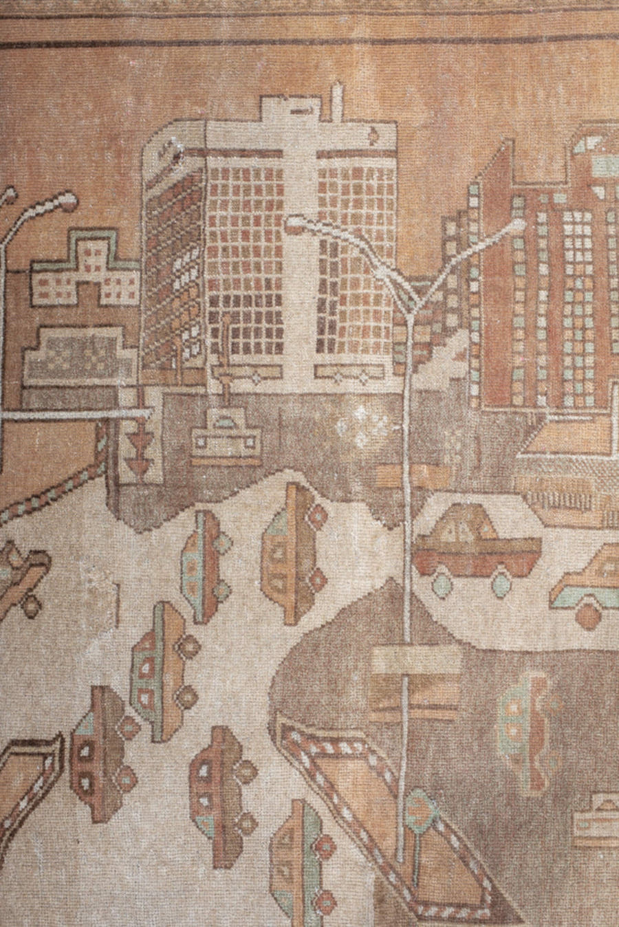 4' x 6' one-of-a-kind handmade vintage Belouch small size rug. Color palette: camel, taupe, brown, ivory, charcoal, rose