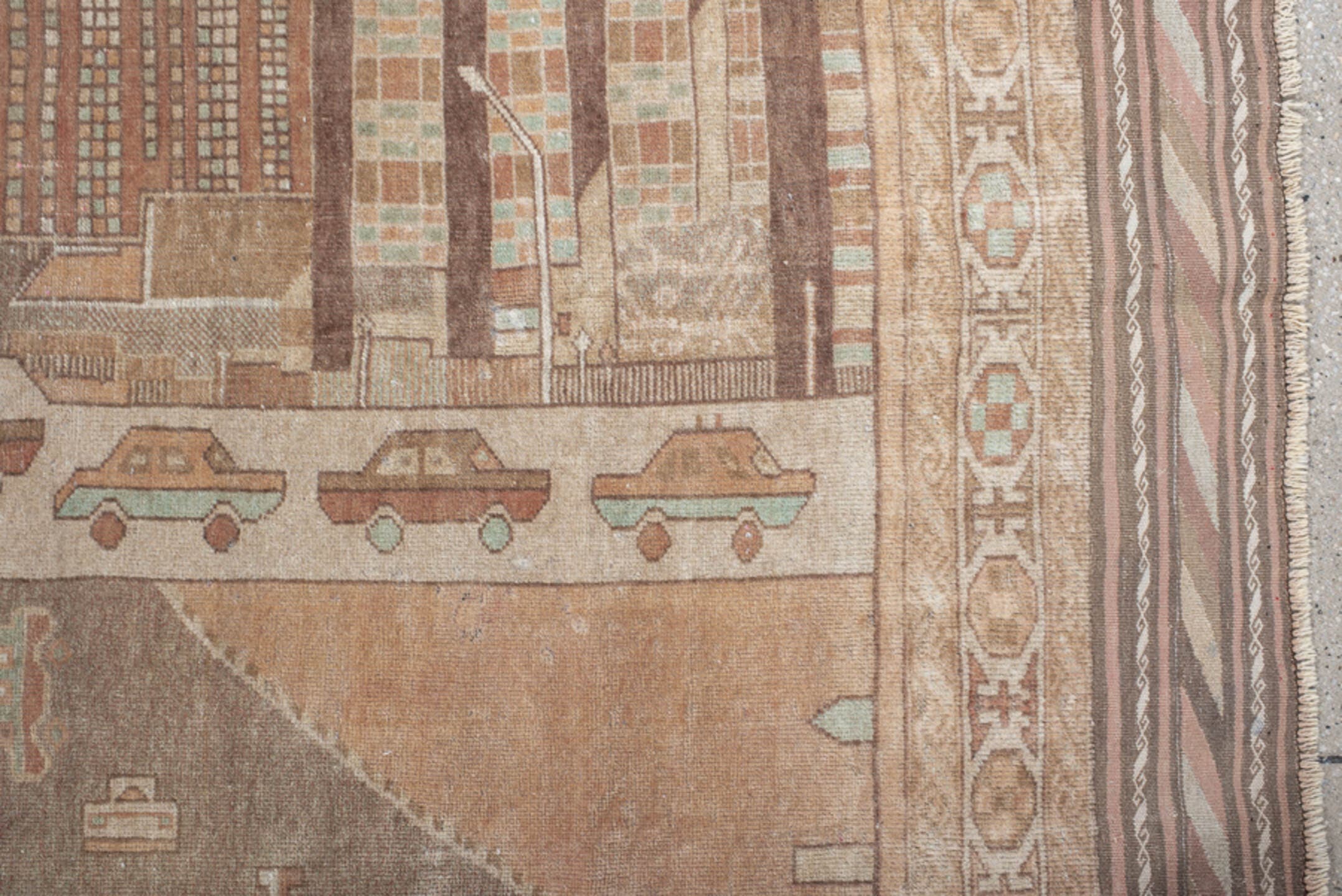 4' x 6' one-of-a-kind handmade vintage Belouch small size rug. Color palette: camel, taupe, brown, ivory, charcoal, rose