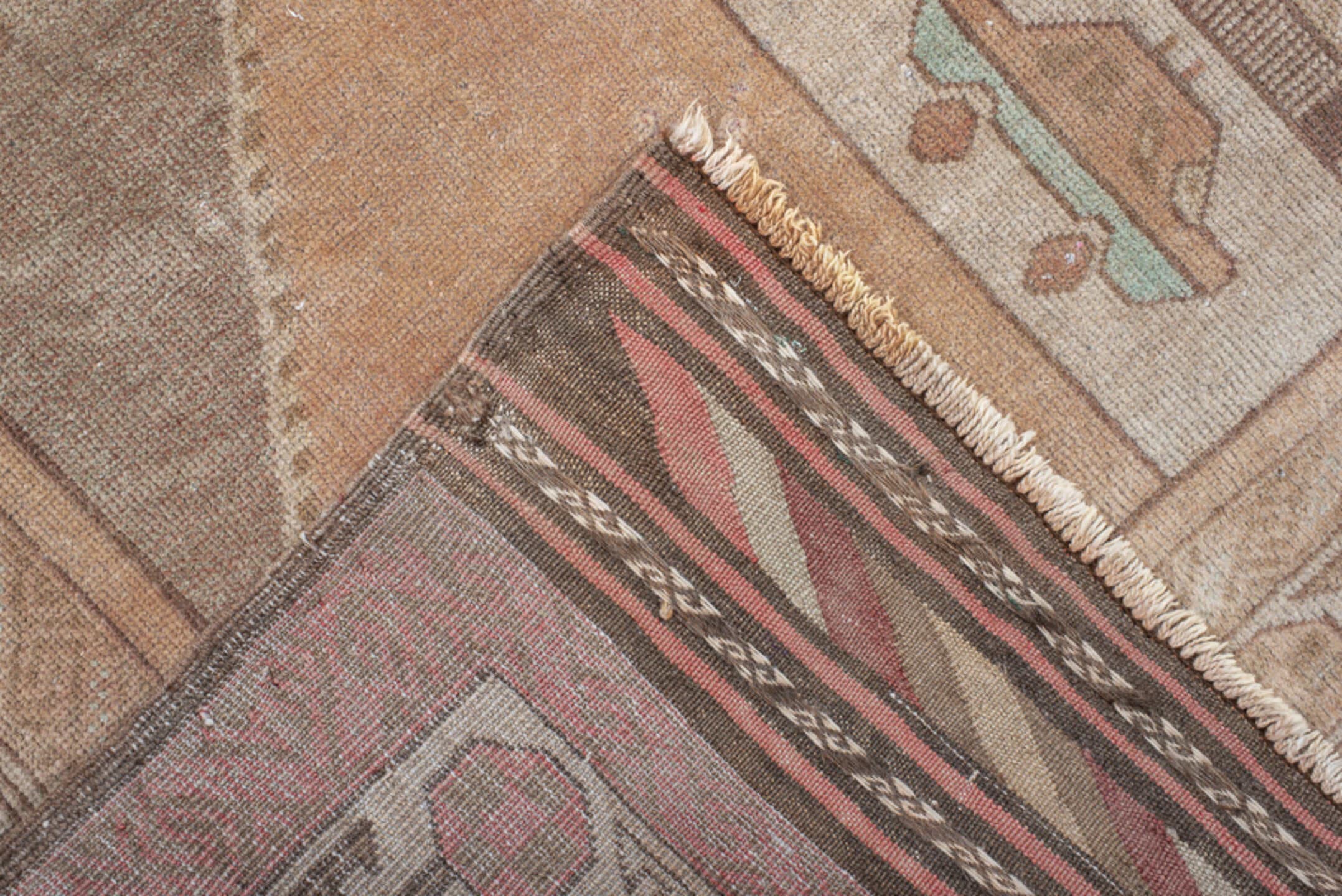 4' x 6' one-of-a-kind handmade vintage Belouch small size rug. Color palette: camel, taupe, brown, ivory, charcoal, rose