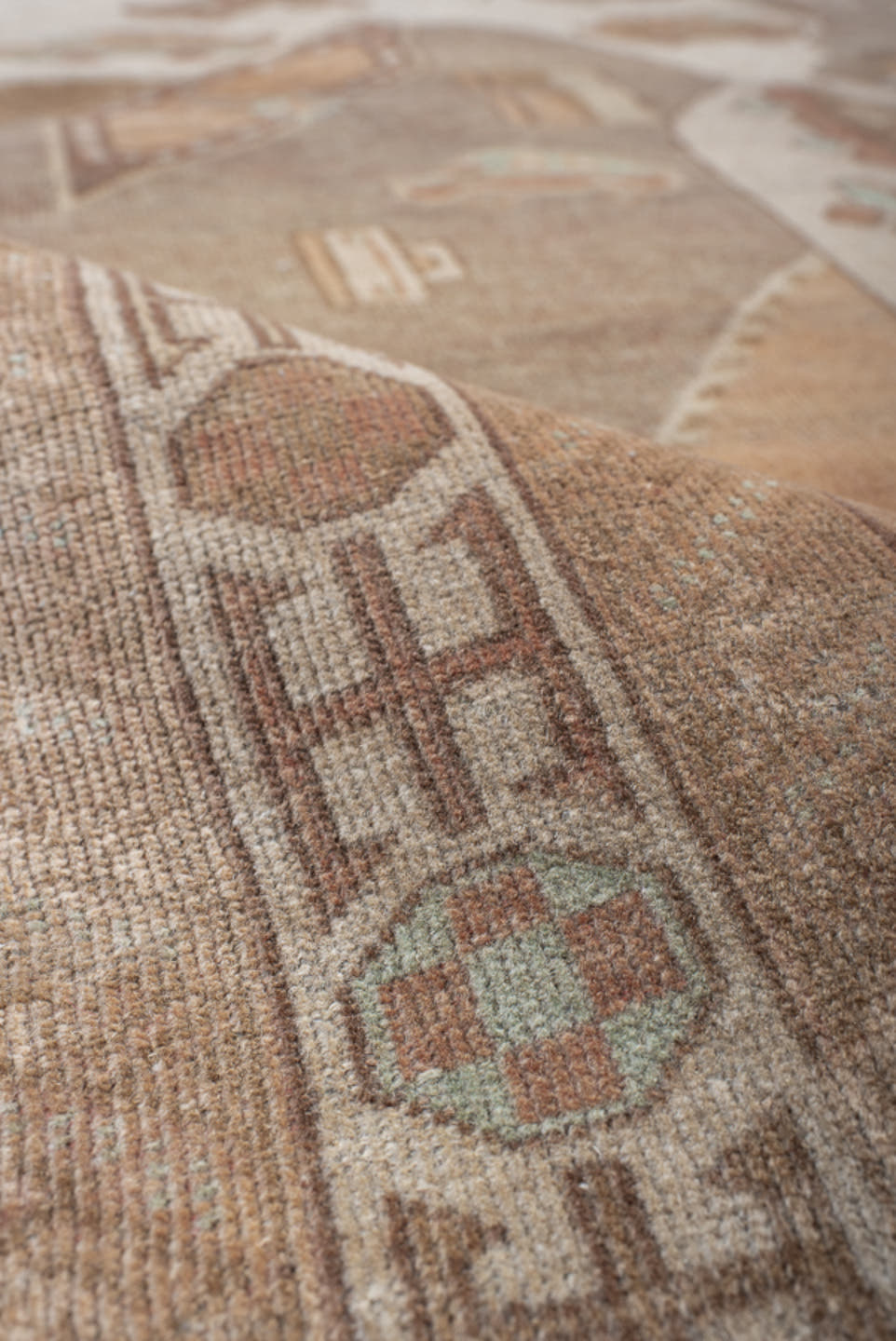4' x 6' one-of-a-kind handmade vintage Belouch small size rug. Color palette: camel, taupe, brown, ivory, charcoal, rose