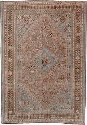 5' x 8' one-of-a-kind handmade vintage Shiraz medium size rug. Color palette: terra cotta, powder blue, ivory, brown, taupe
