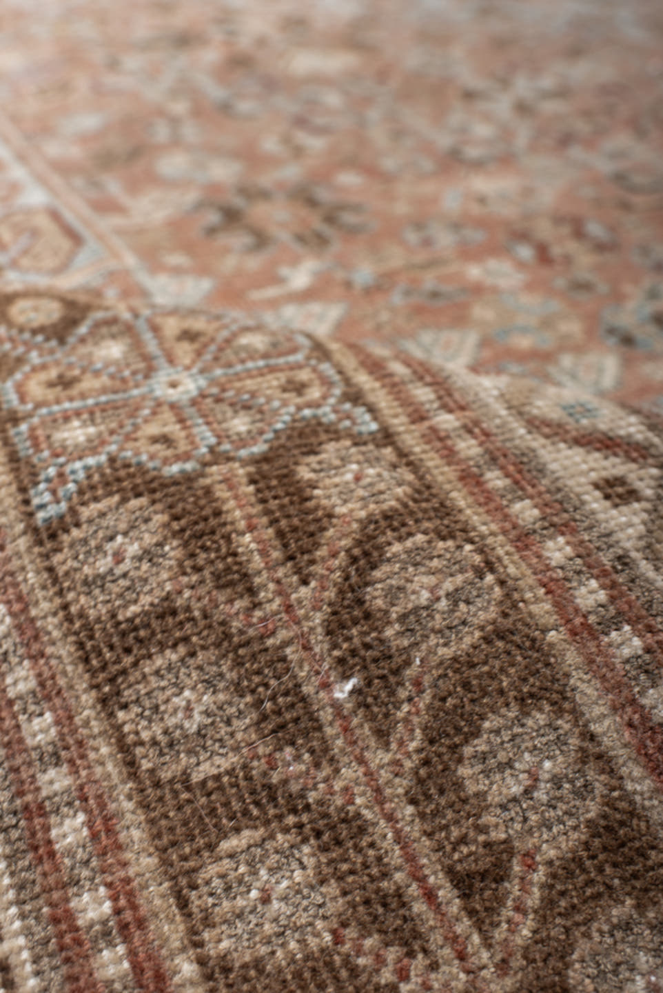 5' x 8' one-of-a-kind handmade vintage Shiraz medium size rug. Color palette: terra cotta, powder blue, ivory, brown, taupe