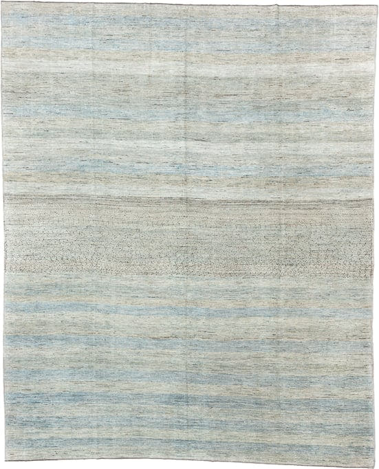 10' x 12' one-of-a-kind handmade vintage Gabbe large size rug. Color palette: ivory, pale blue, sky blue, beige, taupe