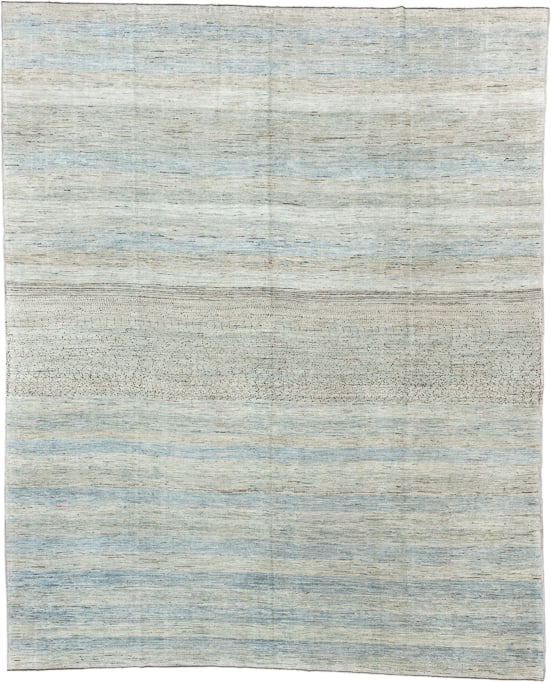 10' x 12' one-of-a-kind handmade vintage Gabbe large size rug. Color palette: ivory, pale blue, sky blue, beige, taupe