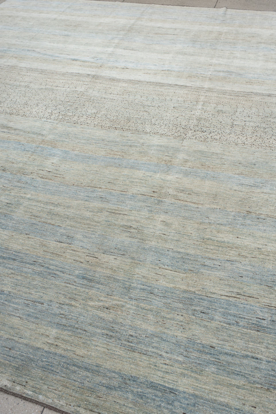 10' x 12' one-of-a-kind handmade vintage Gabbe large size rug. Color palette: ivory, pale blue, sky blue, beige, taupe