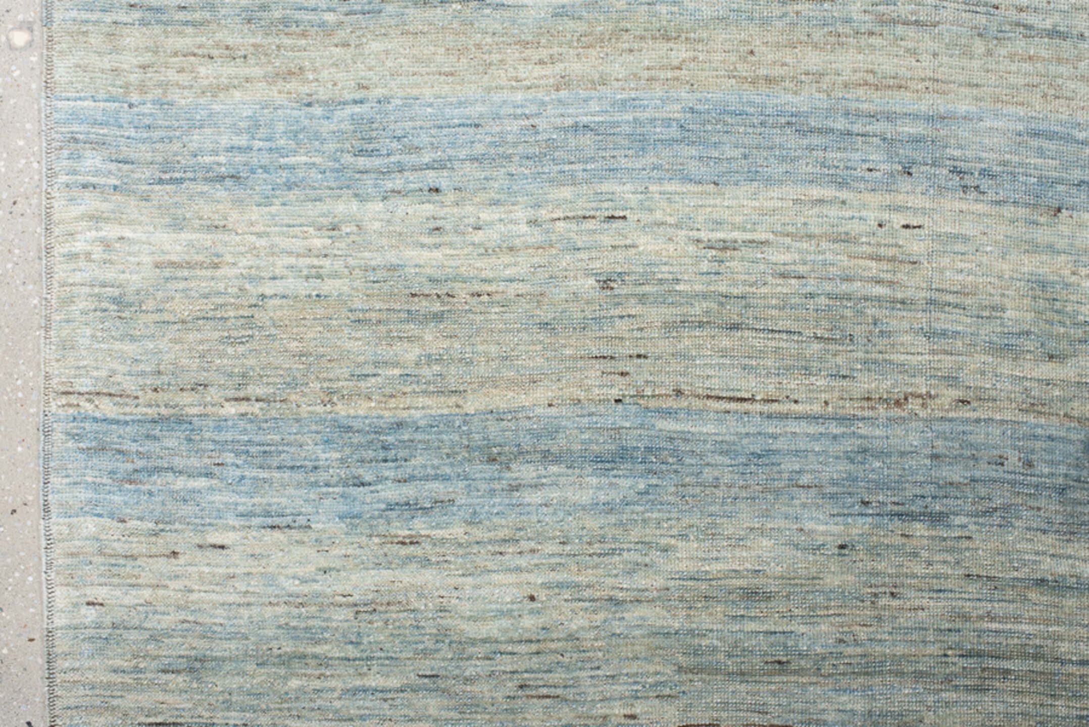 10' x 12' one-of-a-kind handmade vintage Gabbe large size rug. Color palette: ivory, pale blue, sky blue, beige, taupe