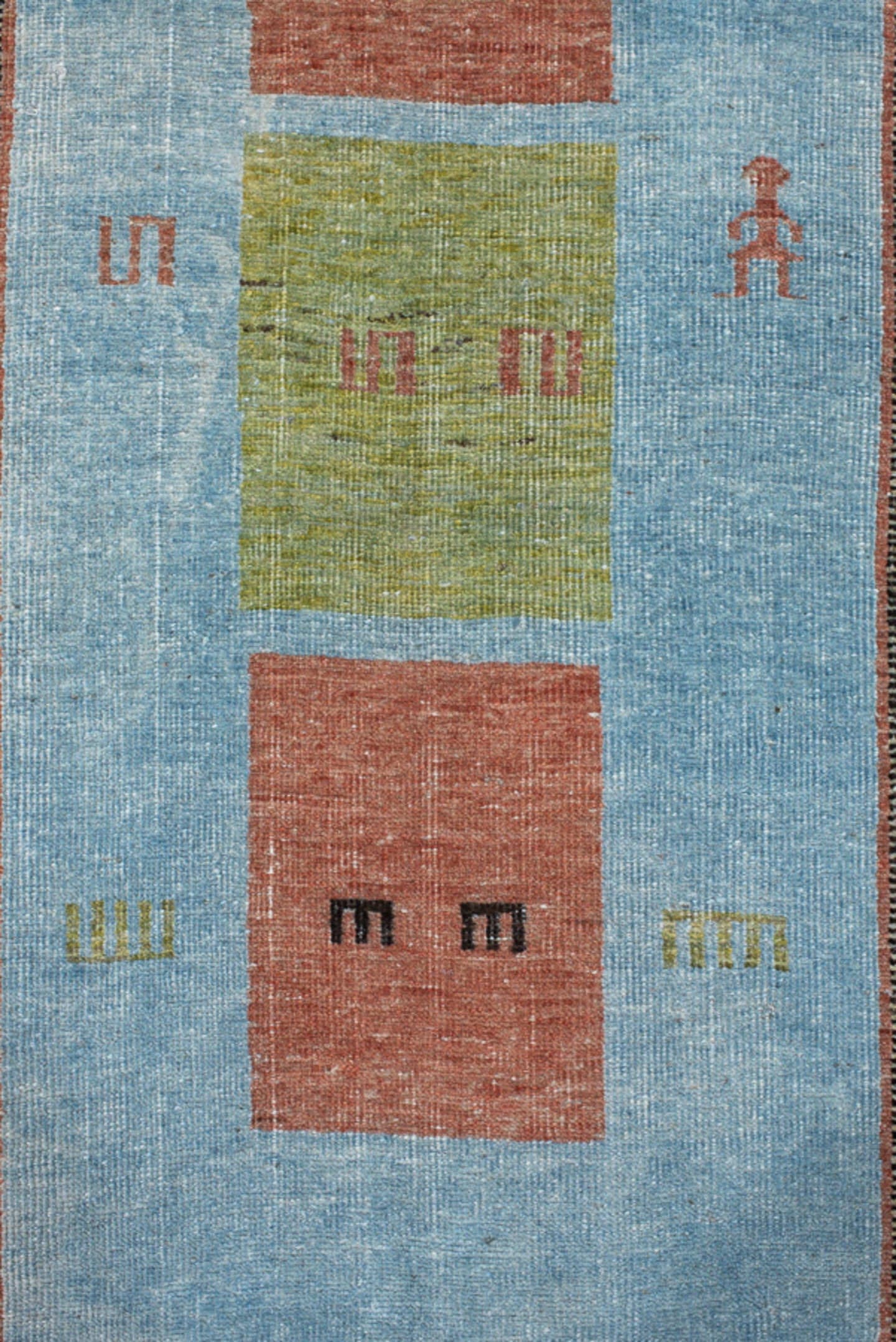 3' x 9' one-of-a-kind handmade vintage Gabbe runner rug. Color palette: sky blue, sage, rust, olive, ivory, charcoal, rose