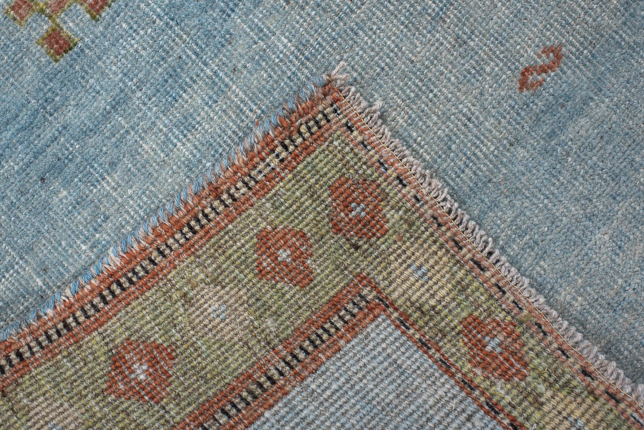 3' x 9' one-of-a-kind handmade vintage Gabbe runner rug. Color palette: sky blue, sage, rust, olive, ivory, charcoal, rose