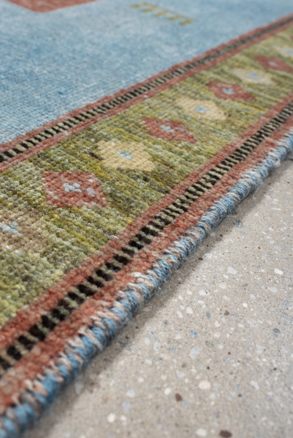 3' x 9' one-of-a-kind handmade vintage Gabbe runner rug. Color palette: sky blue, sage, rust, olive, ivory, charcoal, rose