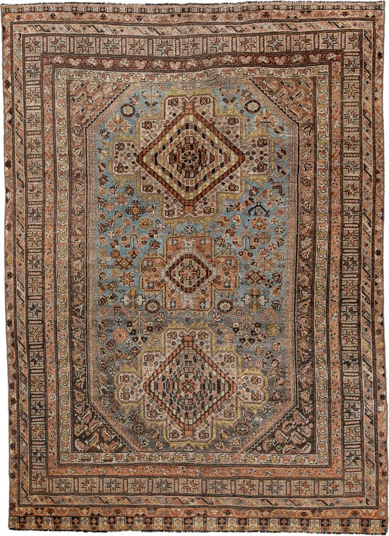 6' x 8' one-of-a-kind handmade vintage Shiraz medium size rug. Color palette: sky blue, rust, ivory, brown, camel, charcoal