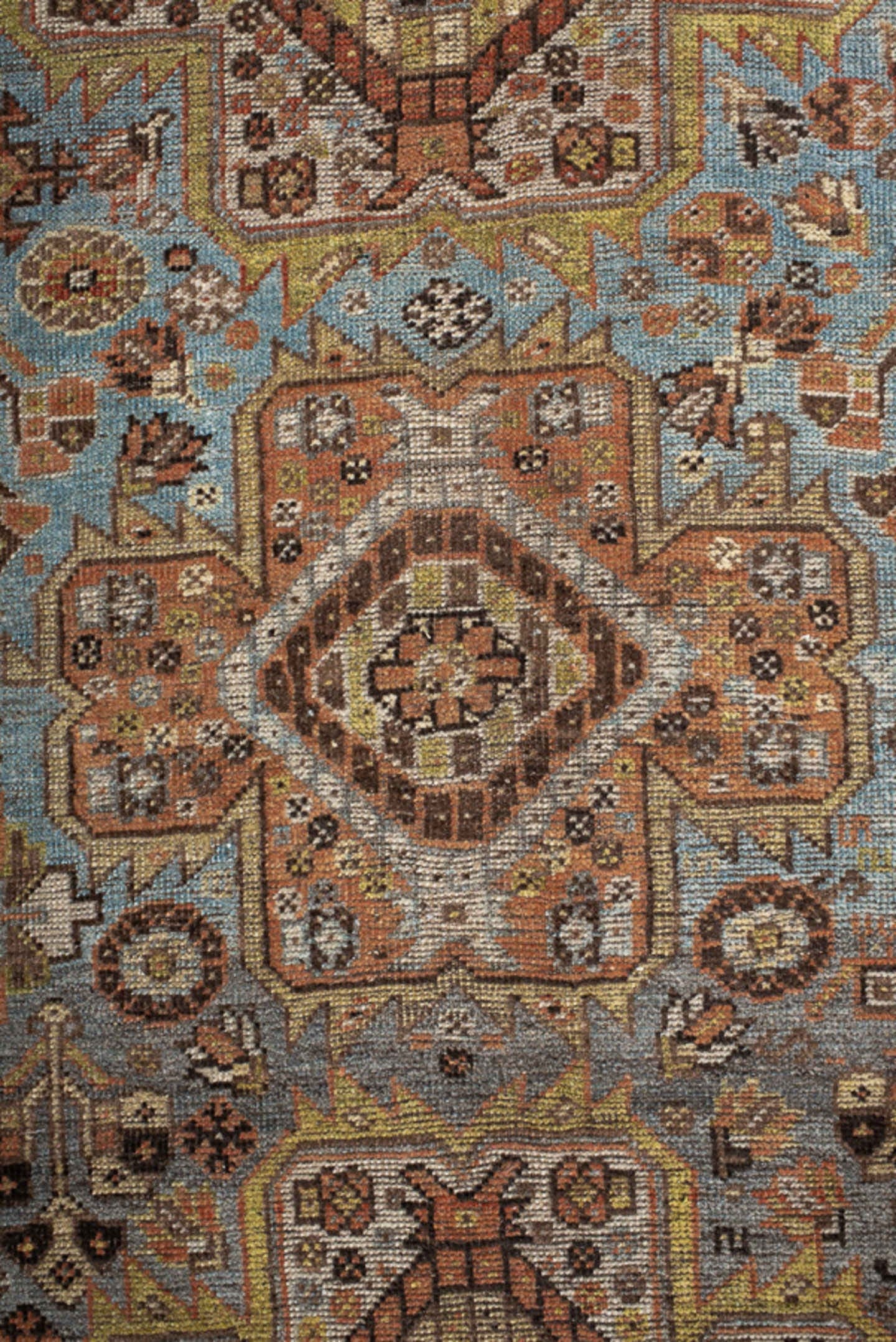 6' x 8' one-of-a-kind handmade vintage Shiraz medium size rug. Color palette: sky blue, rust, ivory, brown, camel, charcoal