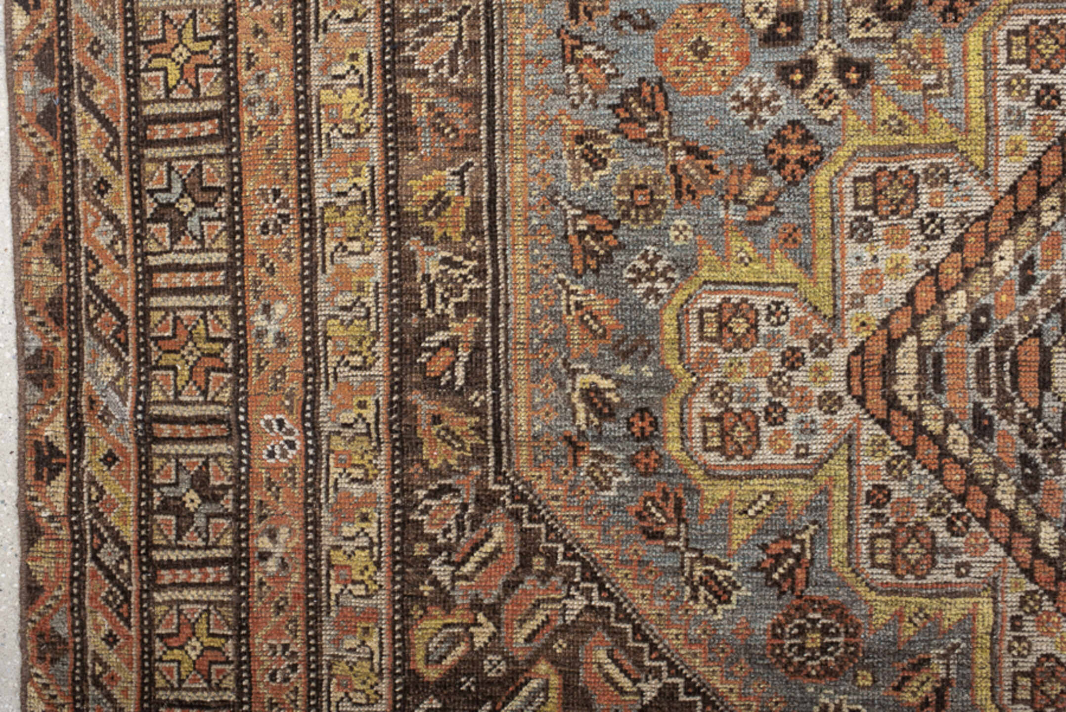 6' x 8' one-of-a-kind handmade vintage Shiraz medium size rug. Color palette: sky blue, rust, ivory, brown, camel, charcoal