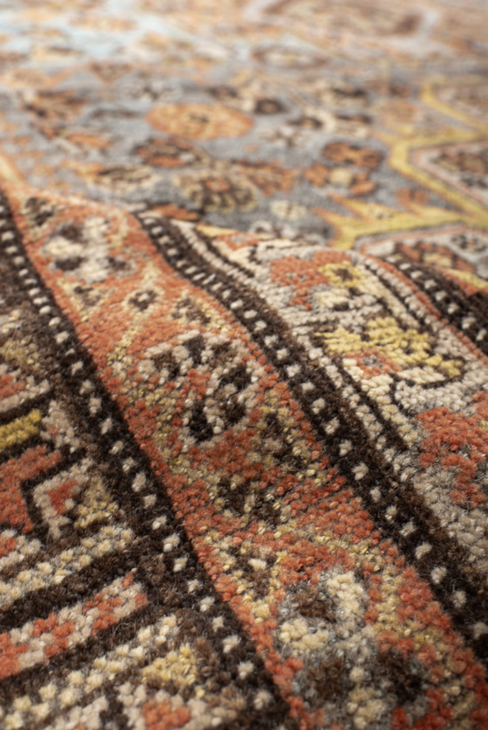 6' x 8' one-of-a-kind handmade vintage Shiraz medium size rug. Color palette: sky blue, rust, ivory, brown, camel, charcoal