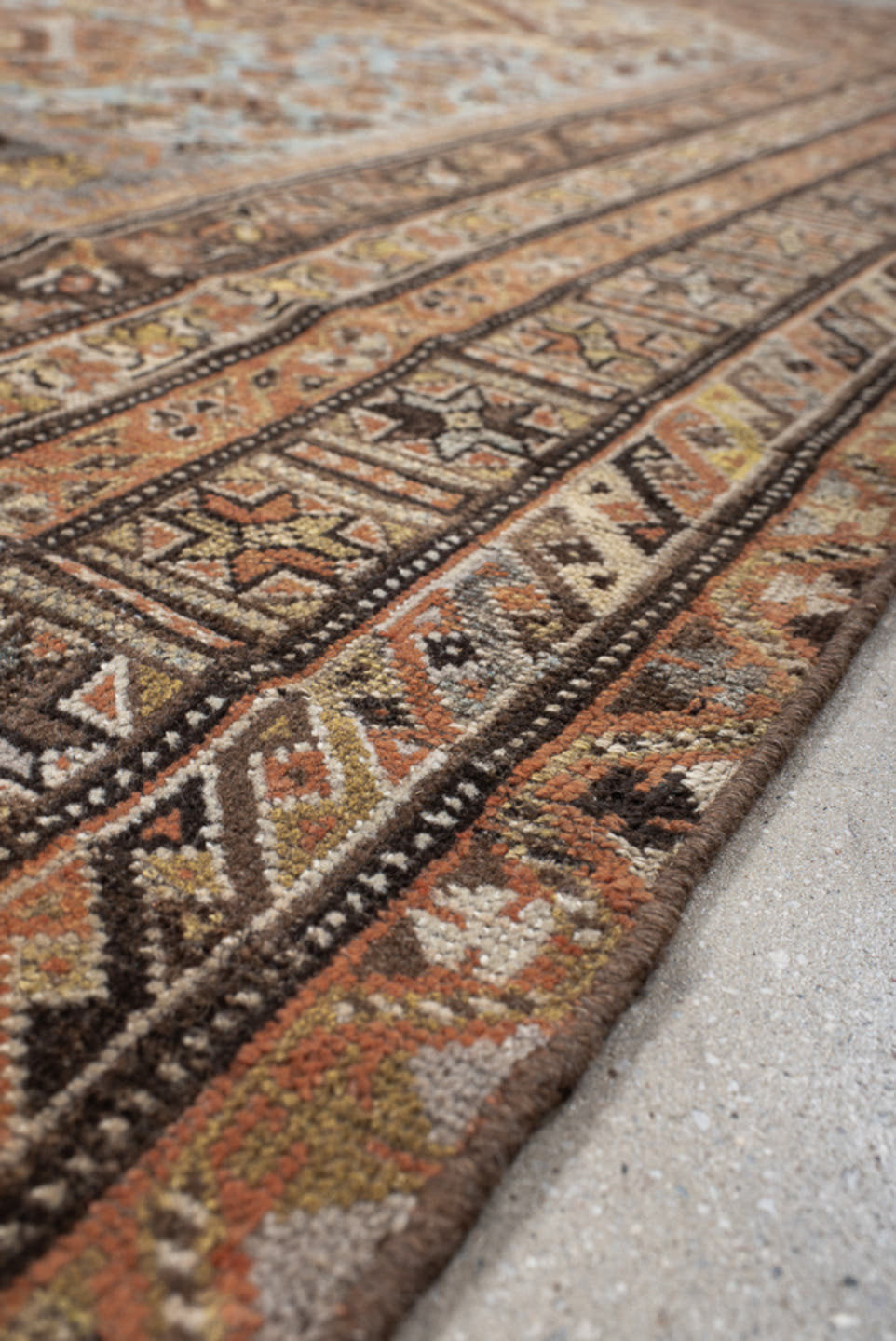 6' x 8' one-of-a-kind handmade vintage Shiraz medium size rug. Color palette: sky blue, rust, ivory, brown, camel, charcoal
