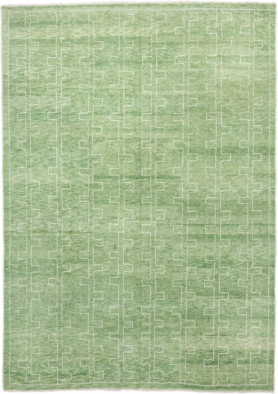 9' x 12' one-of-a-kind handmade handmade Contemporary large size rug. Color palette: sage, mint, ivory, cream, green