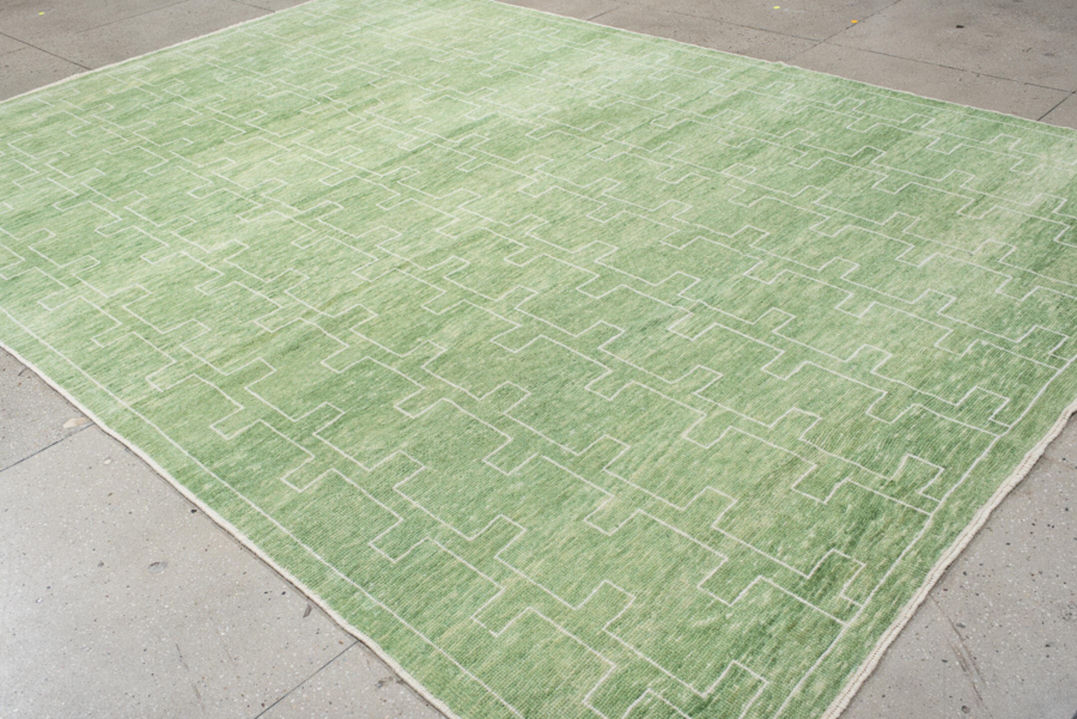 9' x 12' one-of-a-kind handmade handmade Contemporary large size rug. Color palette: sage, mint, ivory, cream, green