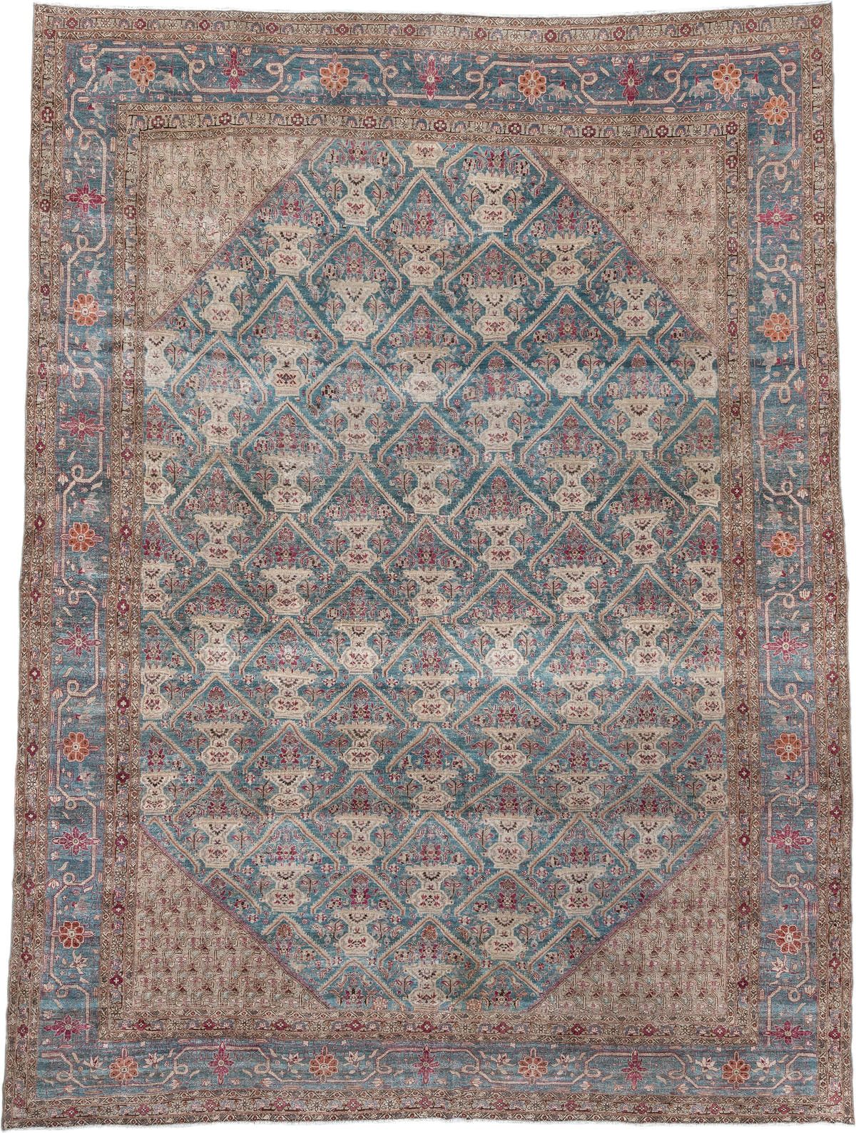 10' x 14' one-of-a-kind handmade antique Tabriz oversize rug. Color palette: turquoise, ivory, coral, crimson, taupe, slate