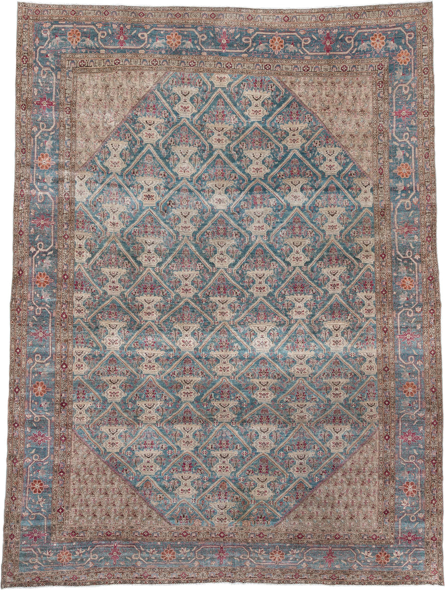 10' x 14' one-of-a-kind handmade antique Tabriz oversize rug. Color palette: turquoise, ivory, coral, crimson, taupe, slate