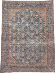 10' x 14' one-of-a-kind handmade antique Tabriz oversize rug. Color palette: turquoise, ivory, coral, crimson, taupe, slate
