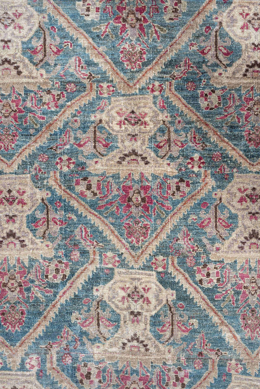 10' x 14' one-of-a-kind handmade antique Tabriz oversize rug. Color palette: turquoise, ivory, coral, crimson, taupe, slate