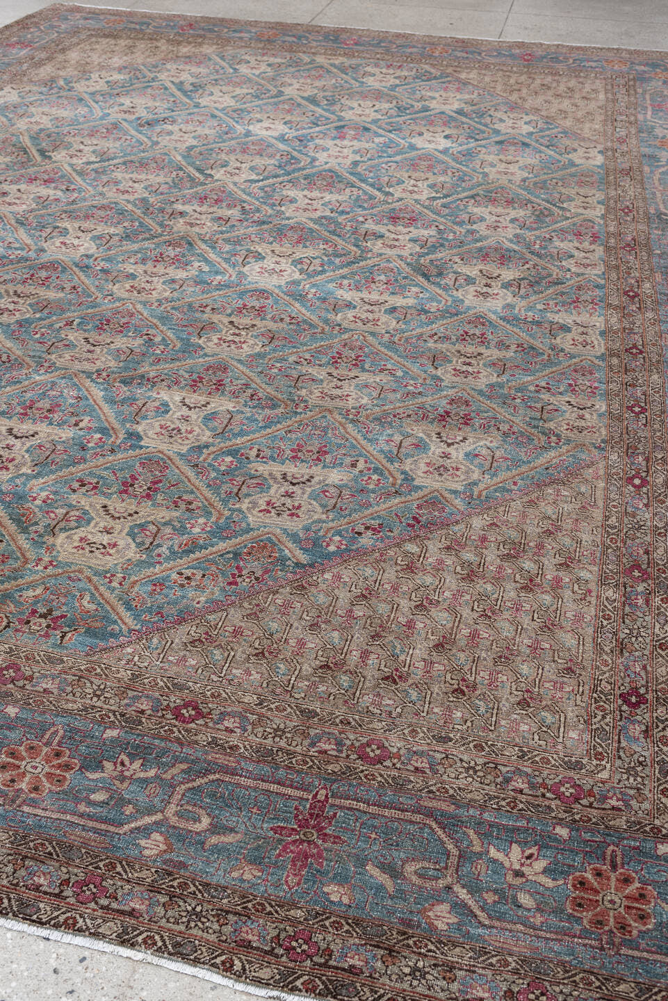 10' x 14' one-of-a-kind handmade antique Tabriz oversize rug. Color palette: turquoise, ivory, coral, crimson, taupe, slate