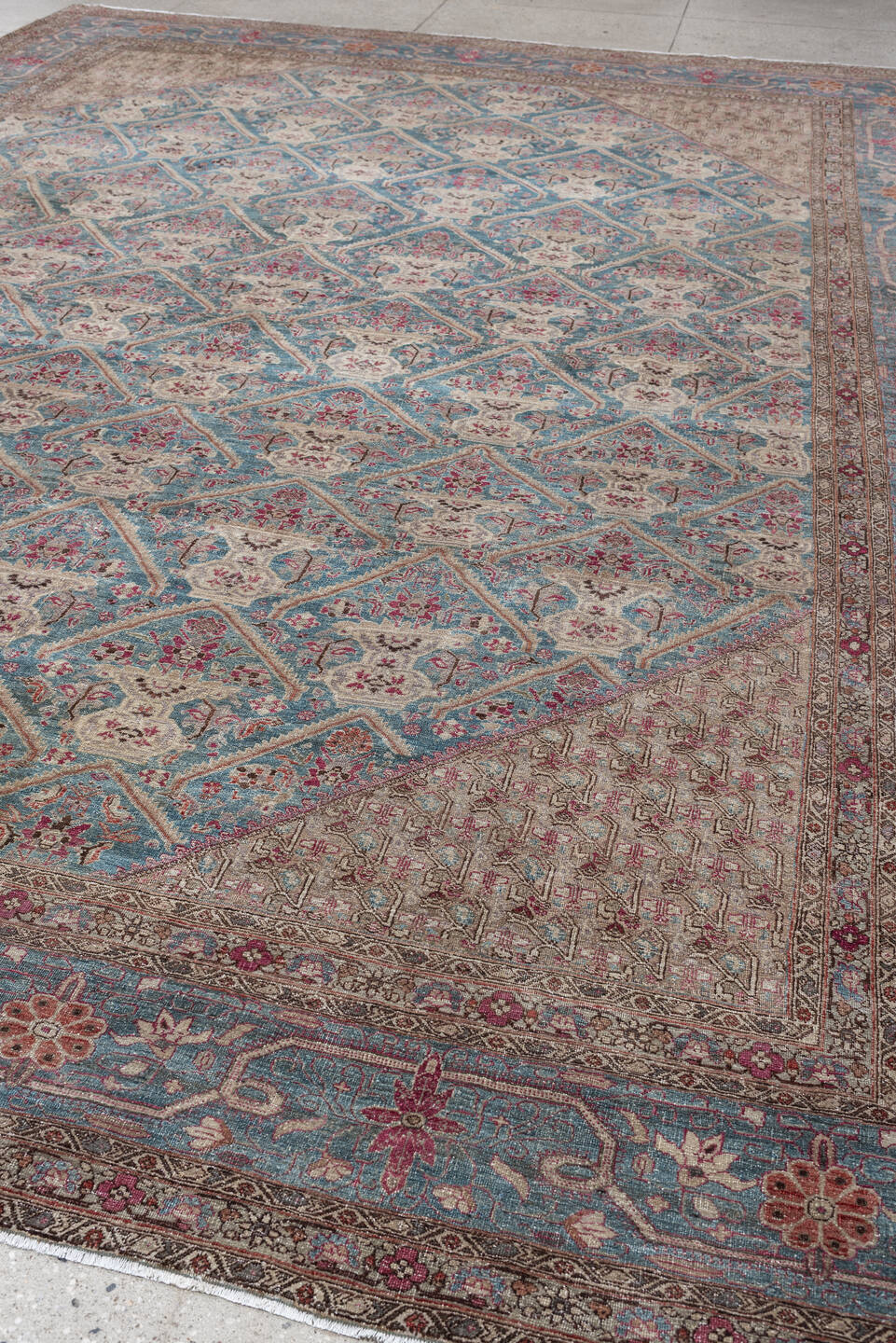 10' x 14' one-of-a-kind handmade antique Tabriz oversize rug. Color palette: turquoise, ivory, coral, crimson, taupe, slate