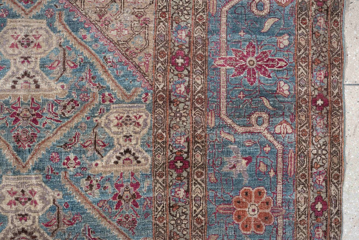 10' x 14' one-of-a-kind handmade antique Tabriz oversize rug. Color palette: turquoise, ivory, coral, crimson, taupe, slate