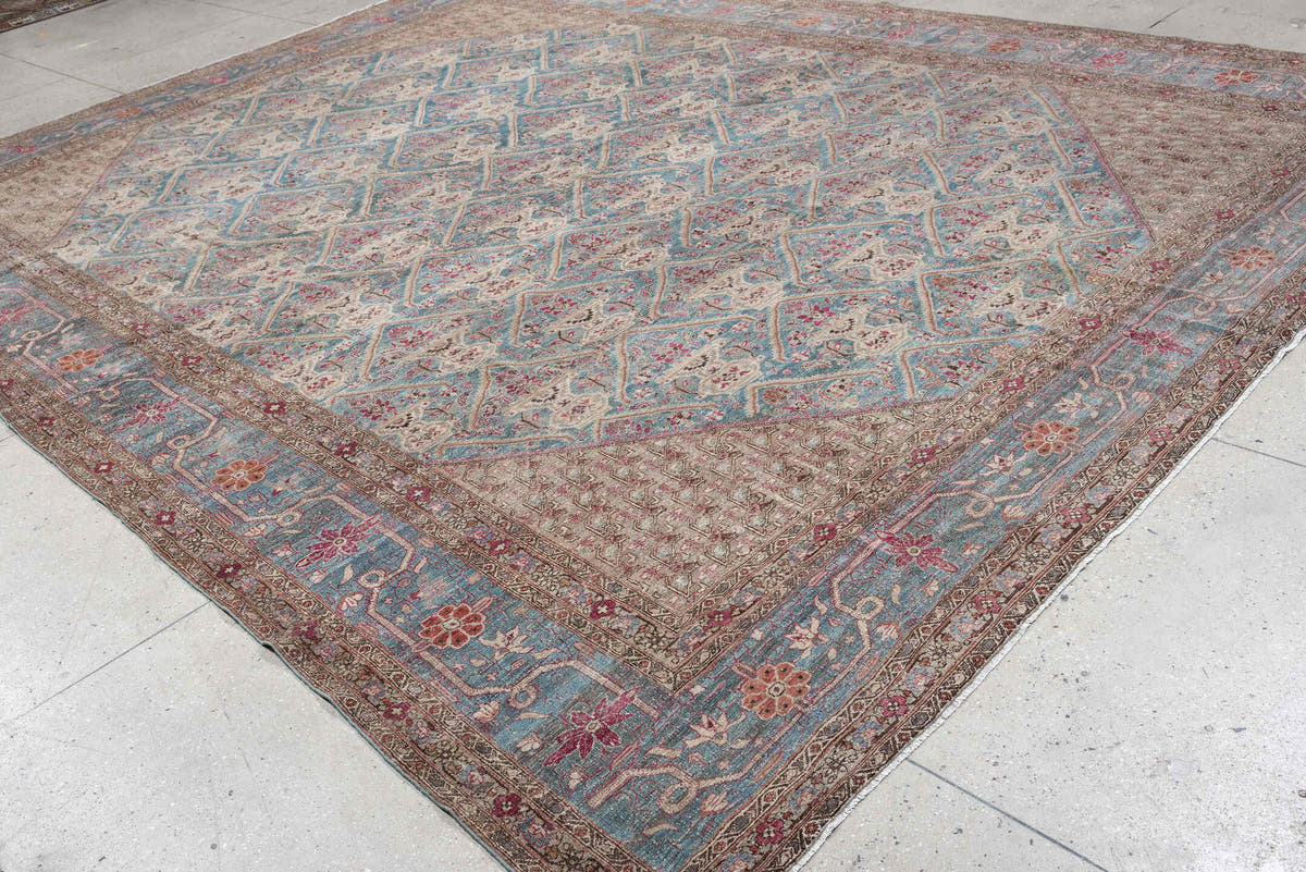 10' x 14' one-of-a-kind handmade antique Tabriz oversize rug. Color palette: turquoise, ivory, coral, crimson, taupe, slate