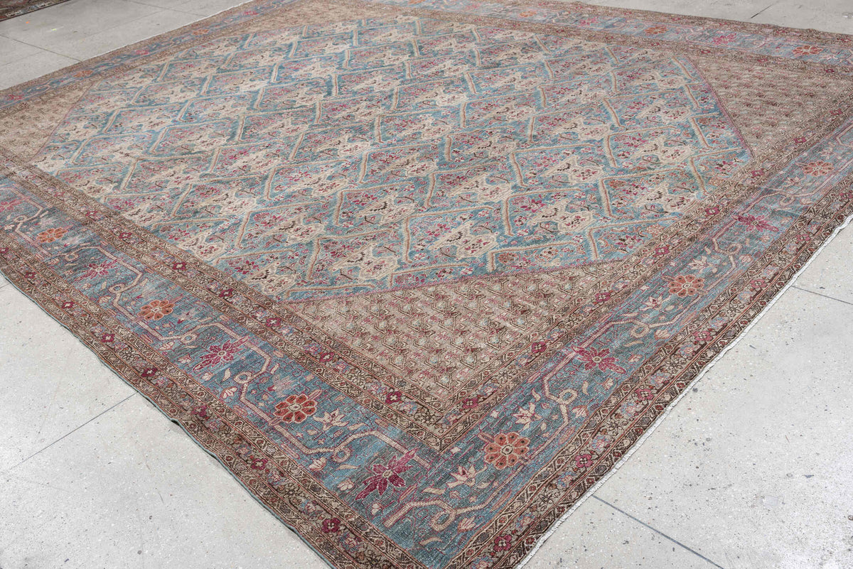 10' x 14' one-of-a-kind handmade antique Tabriz oversize rug. Color palette: turquoise, ivory, coral, crimson, taupe, slate