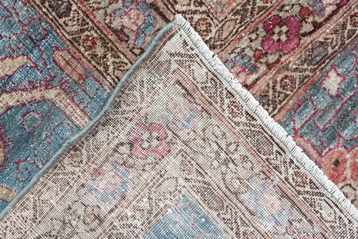10' x 14' one-of-a-kind handmade antique Tabriz oversize rug. Color palette: turquoise, ivory, coral, crimson, taupe, slate