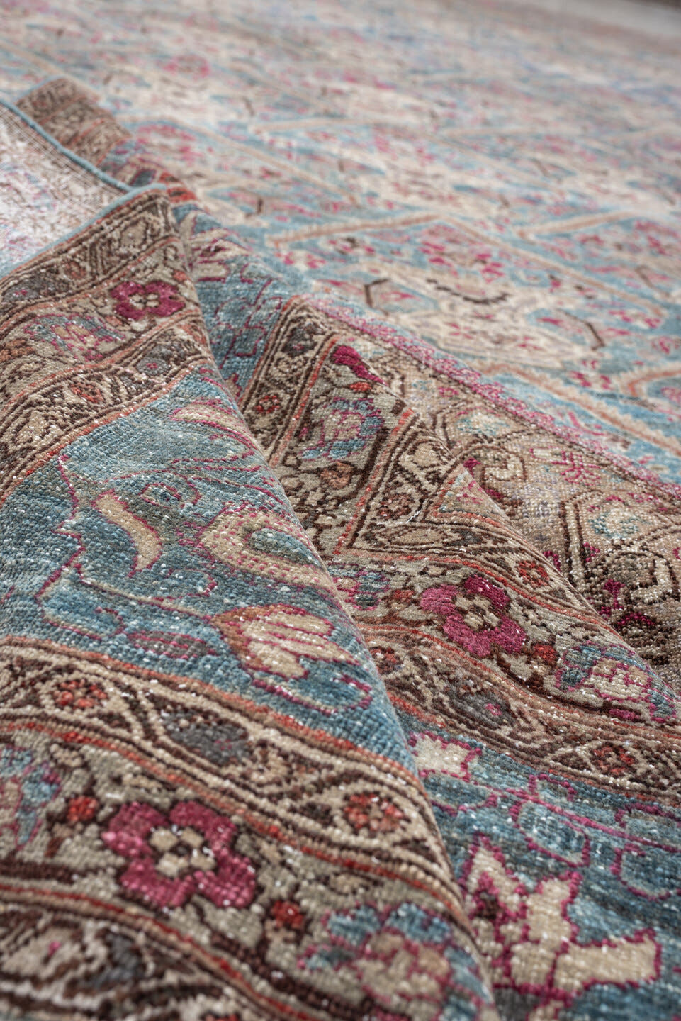 10' x 14' one-of-a-kind handmade antique Tabriz oversize rug. Color palette: turquoise, ivory, coral, crimson, taupe, slate