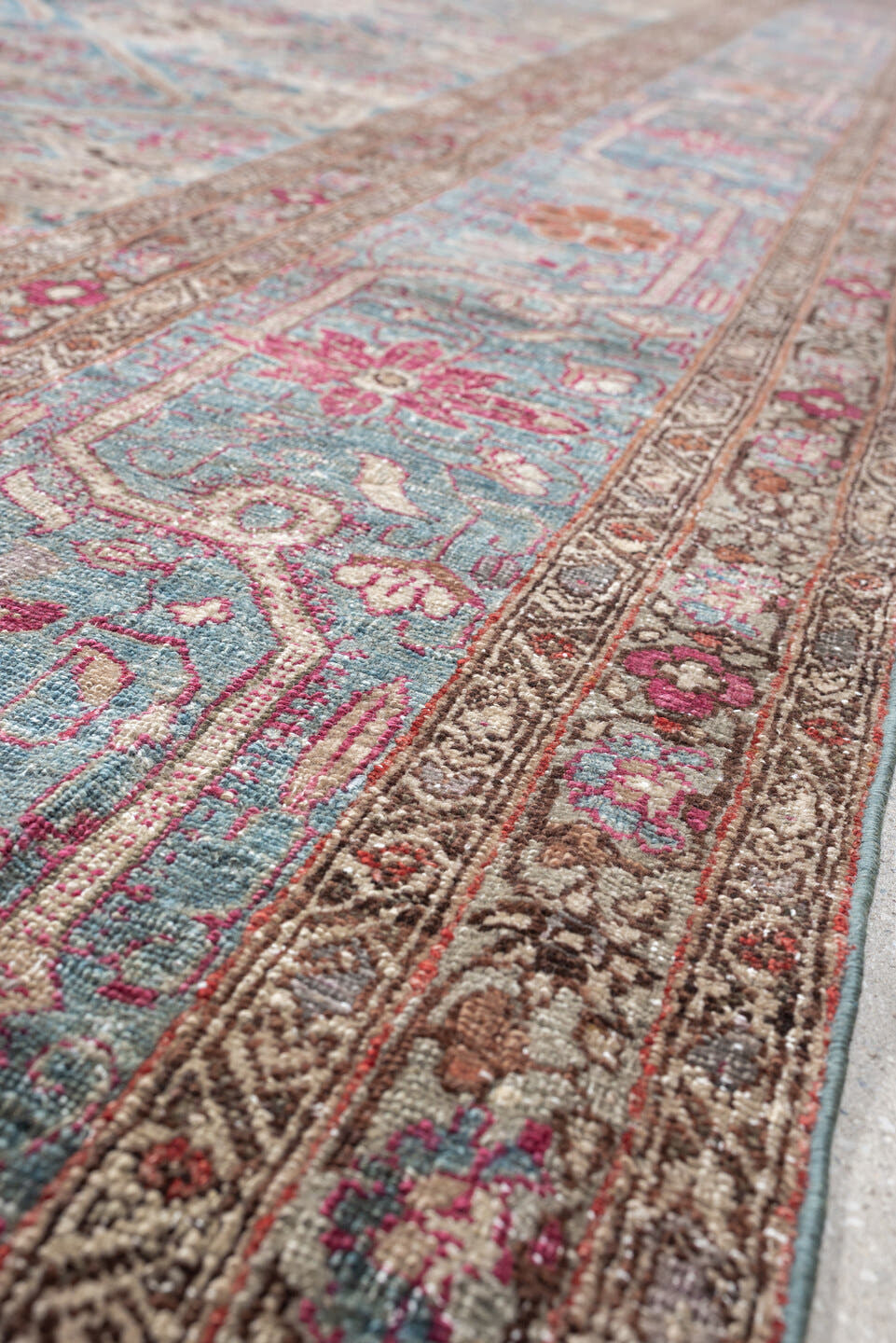 10' x 14' one-of-a-kind handmade antique Tabriz oversize rug. Color palette: turquoise, ivory, coral, crimson, taupe, slate