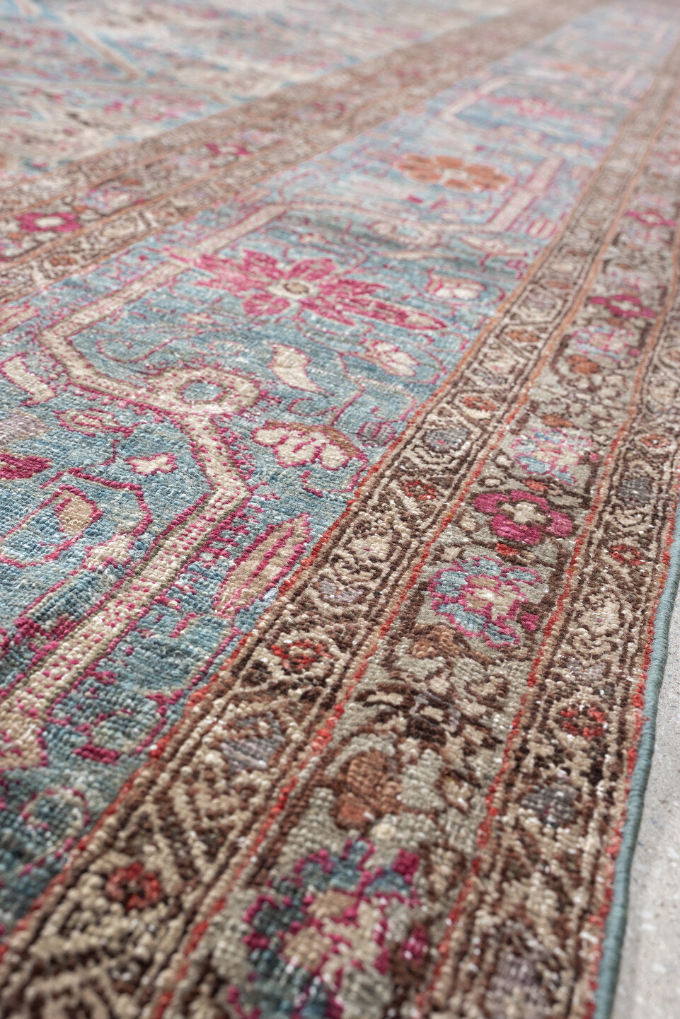 10' x 14' one-of-a-kind handmade antique Tabriz oversize rug. Color palette: turquoise, ivory, coral, crimson, taupe, slate