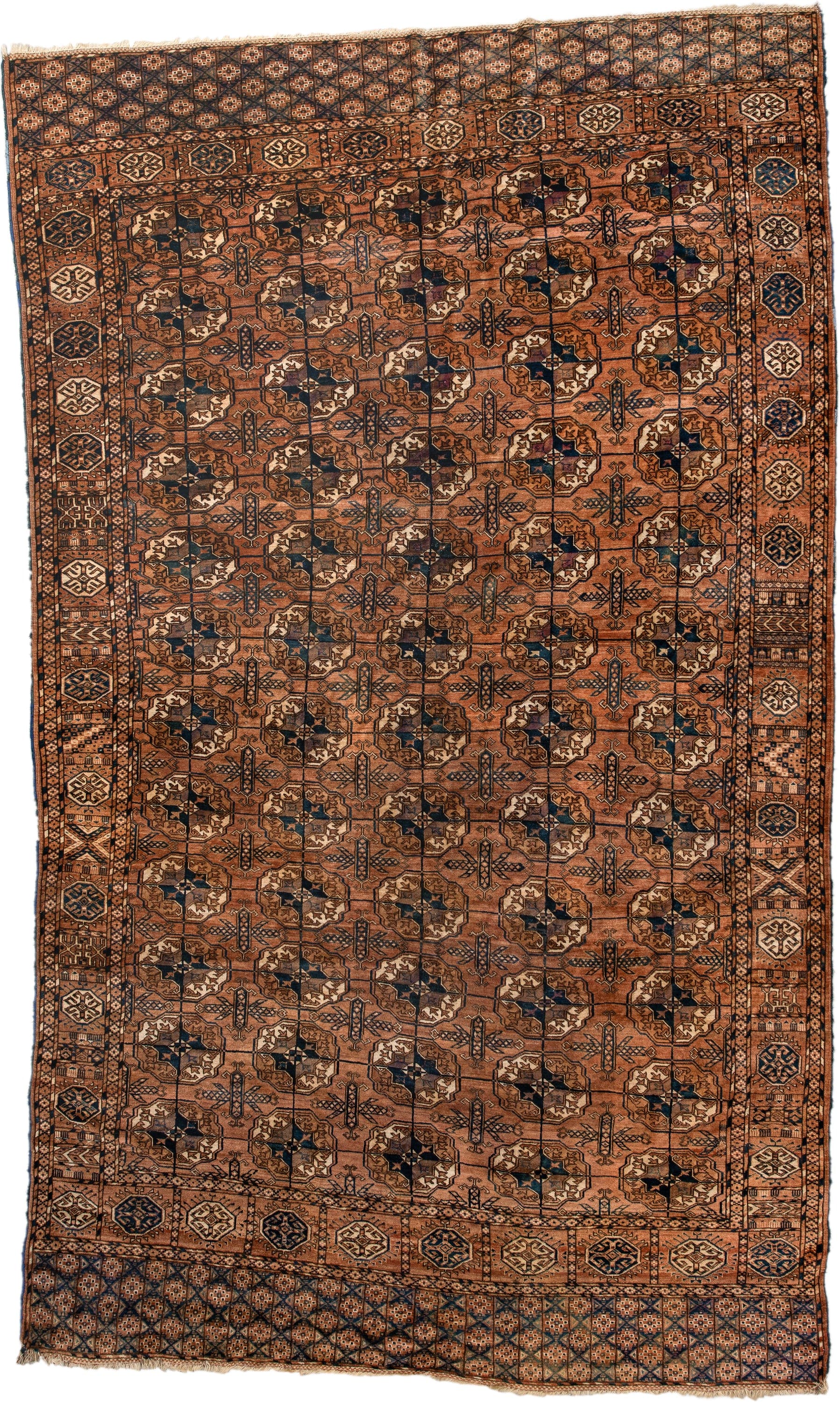 6' x 10' one-of-a-kind handmade antique Torkaman large size rug. Color palette: terra cotta, brown, navy, ivory, camel
