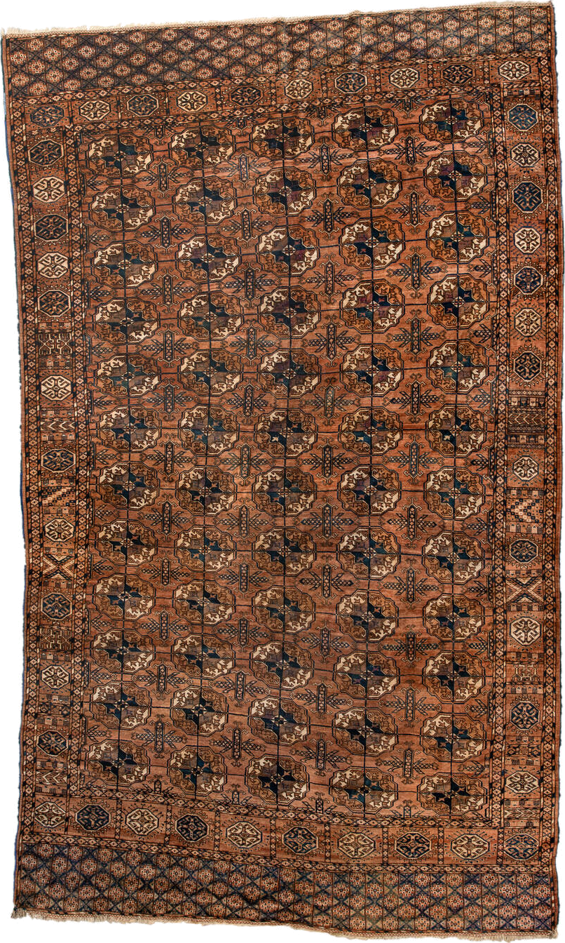 6' x 10' one-of-a-kind handmade vintage Torkaman large size rug. Color palette: brown, gray, off-white, orange, pink, sienna