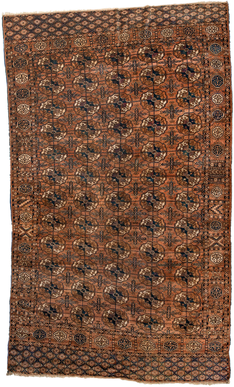 6' x 10' one-of-a-kind handmade antique Torkaman large size rug. Color palette: terra cotta, brown, navy, ivory, camel