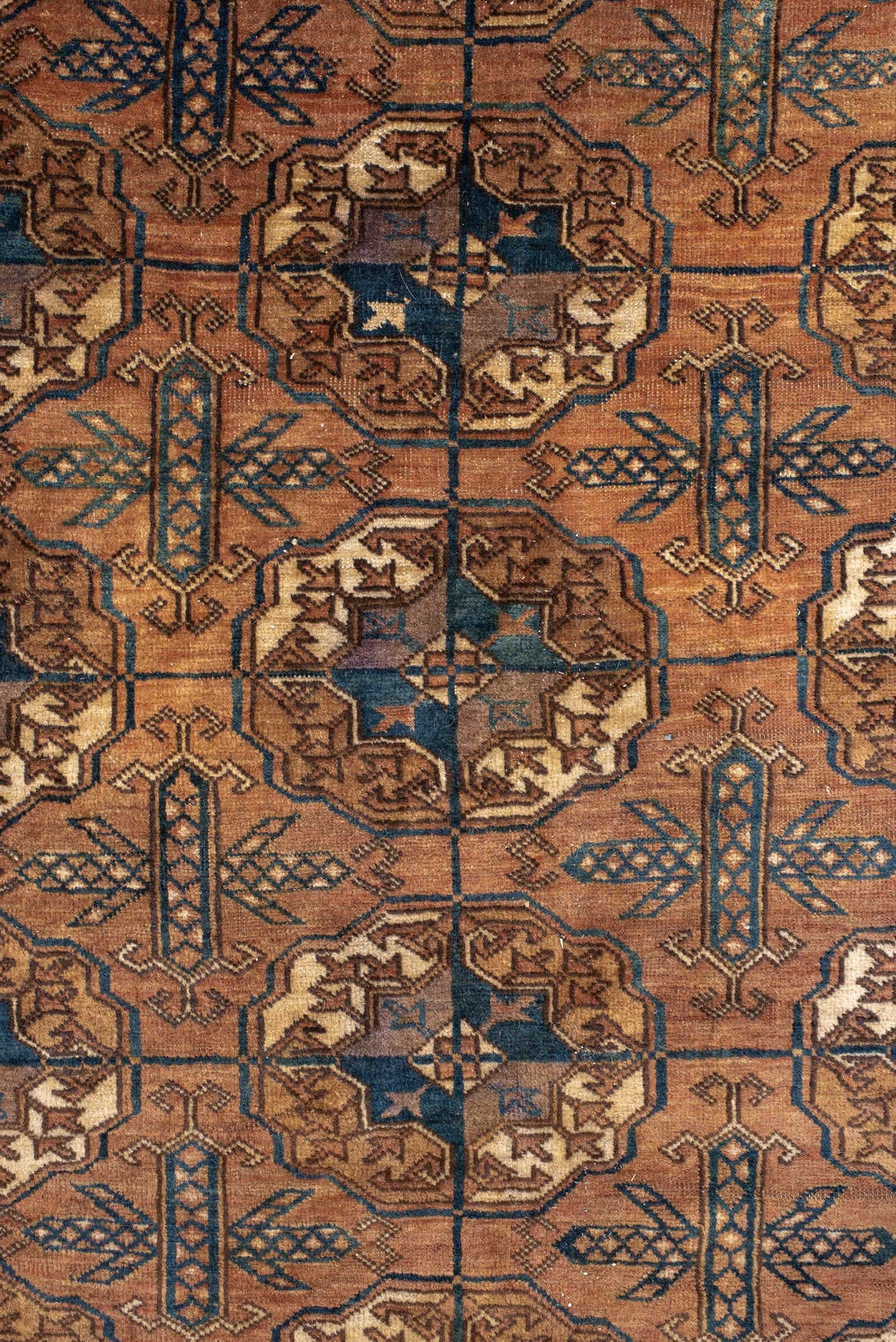 6' x 10' one-of-a-kind handmade antique Torkaman large size rug. Color palette: terra cotta, brown, navy, ivory, camel