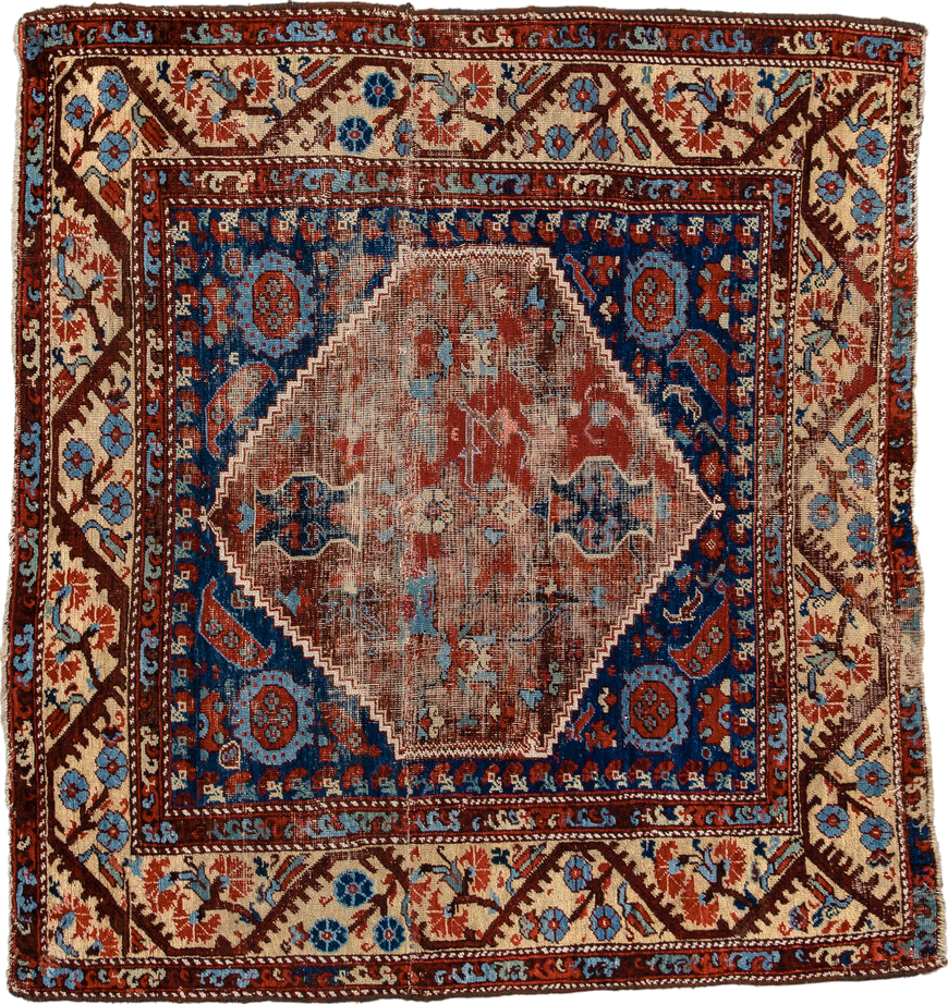 4' x 4' one-of-a-kind handmade vintage Anatolian small size rug. Color palette: blue, brown, gray, off-white, orange, pink