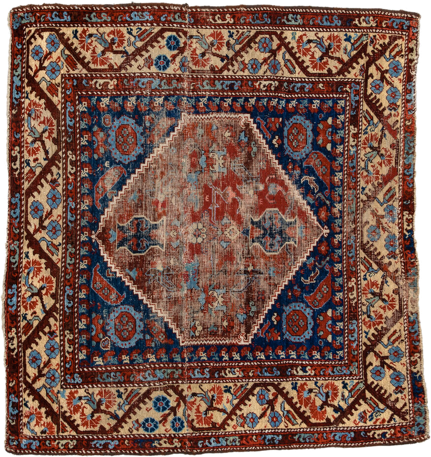 4' x 4' one-of-a-kind handmade antique Anatolian small size rug. Color palette: ivory, indigo, rust, sky_blue, brown