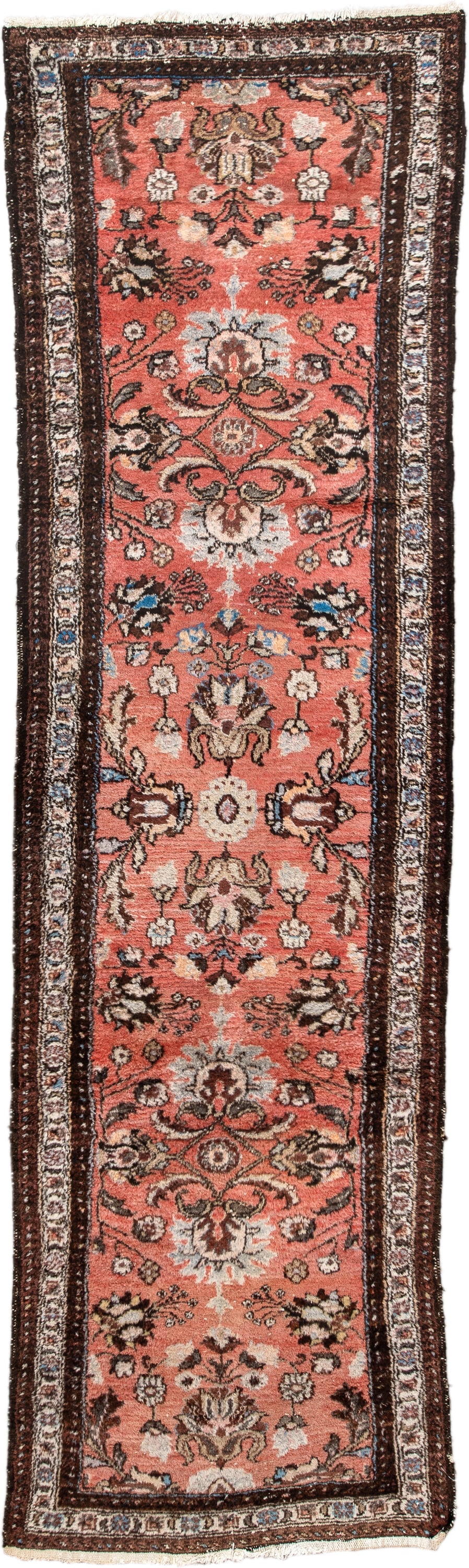 2' x 9' one-of-a-kind handmade antique Lilian runner rug. Color palette: rose, ivory, brown, charcoal, sky blue, taupe