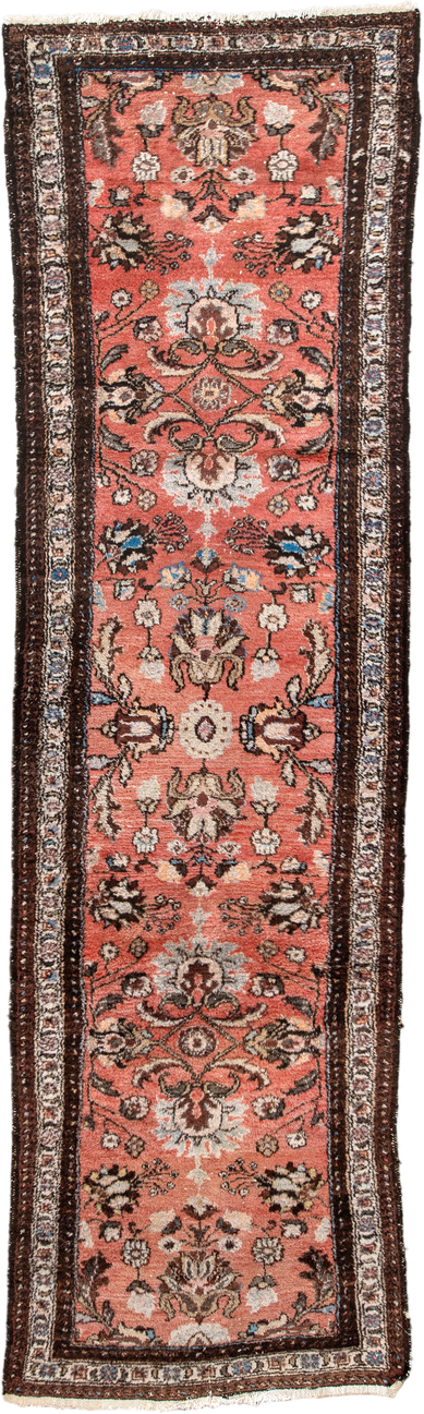 2' x 9' one-of-a-kind handmade antique Lilian runner rug. Color palette: rose, ivory, brown, charcoal, sky blue, taupe