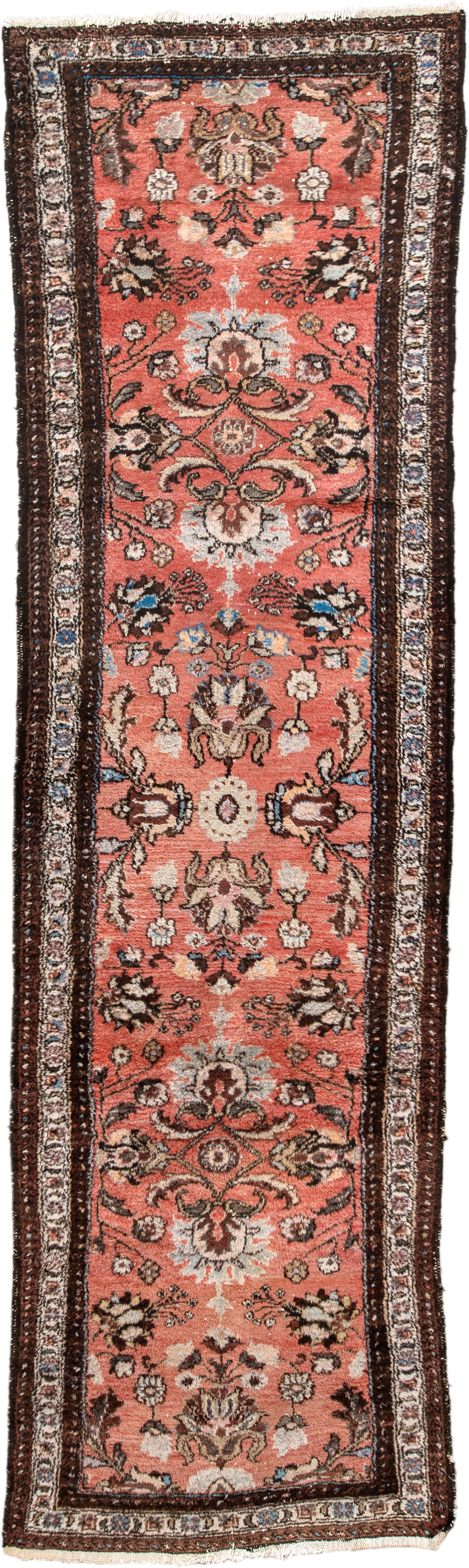 2' x 9' one-of-a-kind handmade antique Lilian runner rug. Color palette: rose, ivory, brown, charcoal, sky blue, taupe