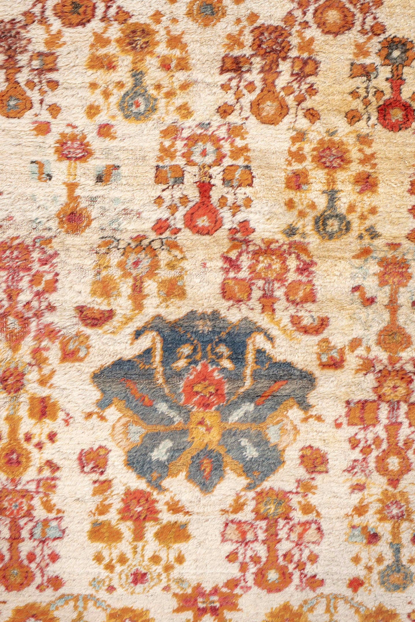 3' x 6' one-of-a-kind handmade antique Oushak rug. Color palette: apricot, ivory, rust, sky blue, slate, camel, terracotta