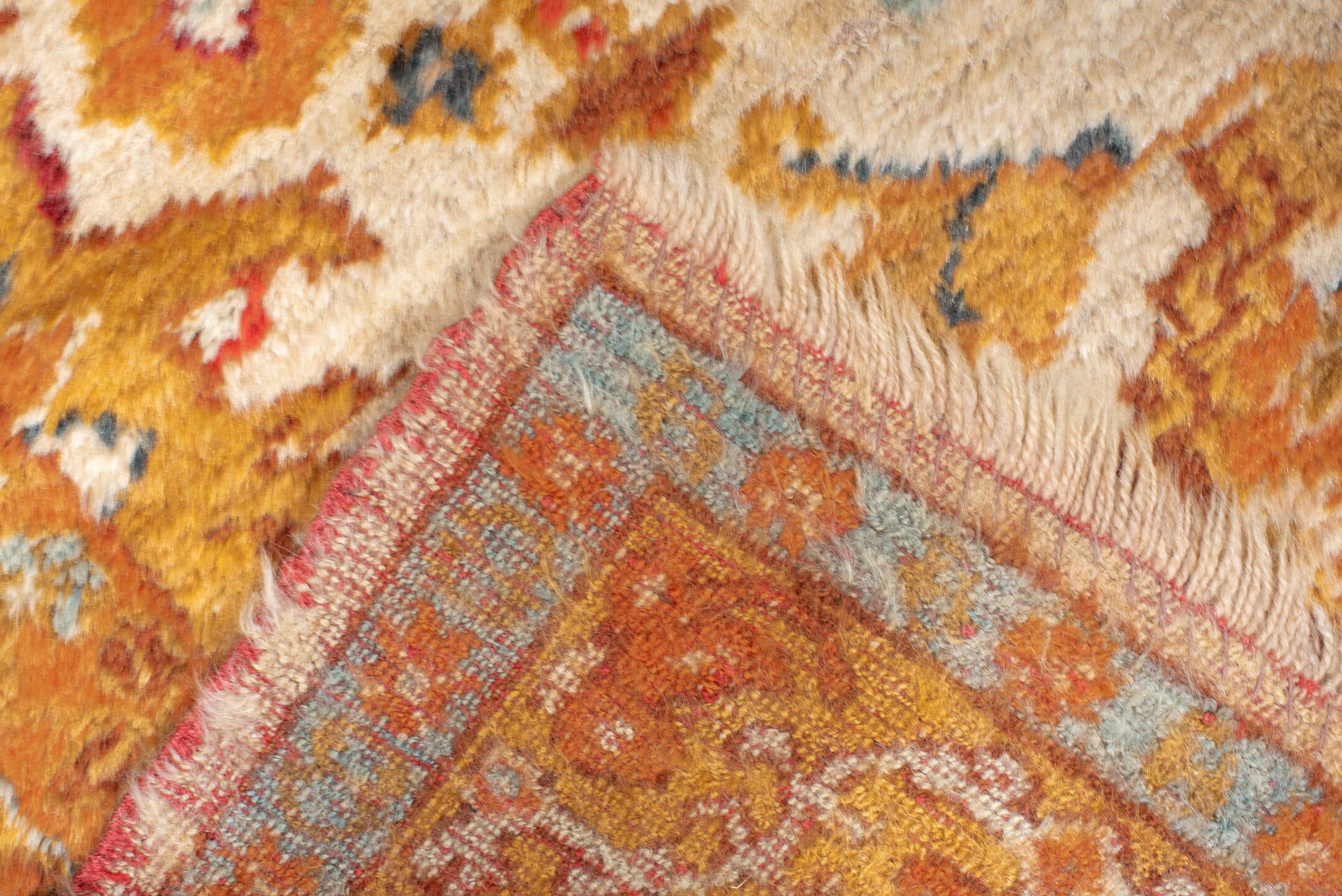 3' x 6' one-of-a-kind handmade antique Oushak rug. Color palette: apricot, ivory, rust, sky blue, slate, camel, terracotta