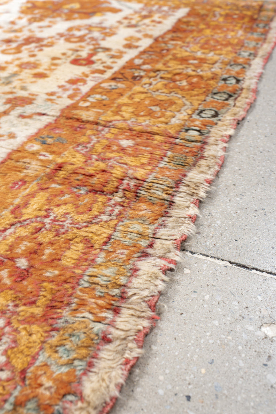 3' x 6' one-of-a-kind handmade antique Oushak rug. Color palette: apricot, ivory, rust, sky blue, slate, camel, terracotta