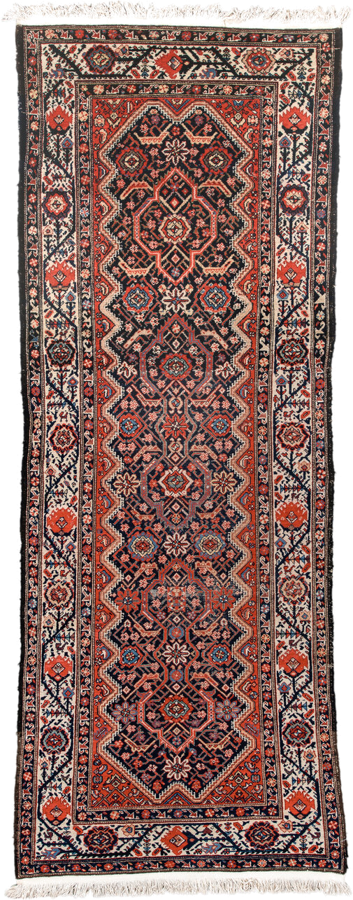 3' x 9' one-of-a-kind handmade antique Malayer runner rug. Color palette: navy, ivory, rust, crimson, sky blue, camel, blue