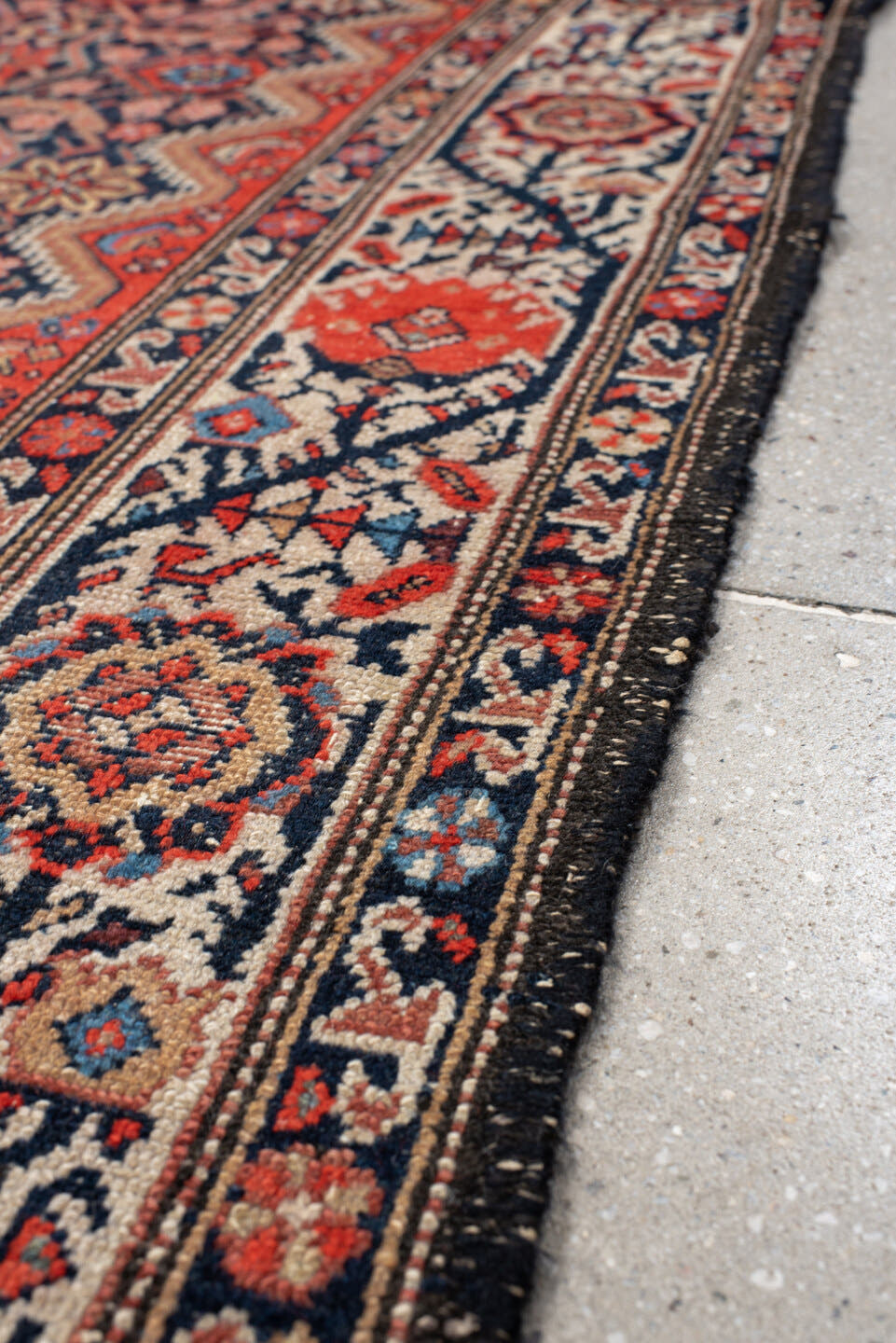 3' x 9' one-of-a-kind handmade antique Malayer runner rug. Color palette: navy, ivory, rust, crimson, sky blue, camel, blue