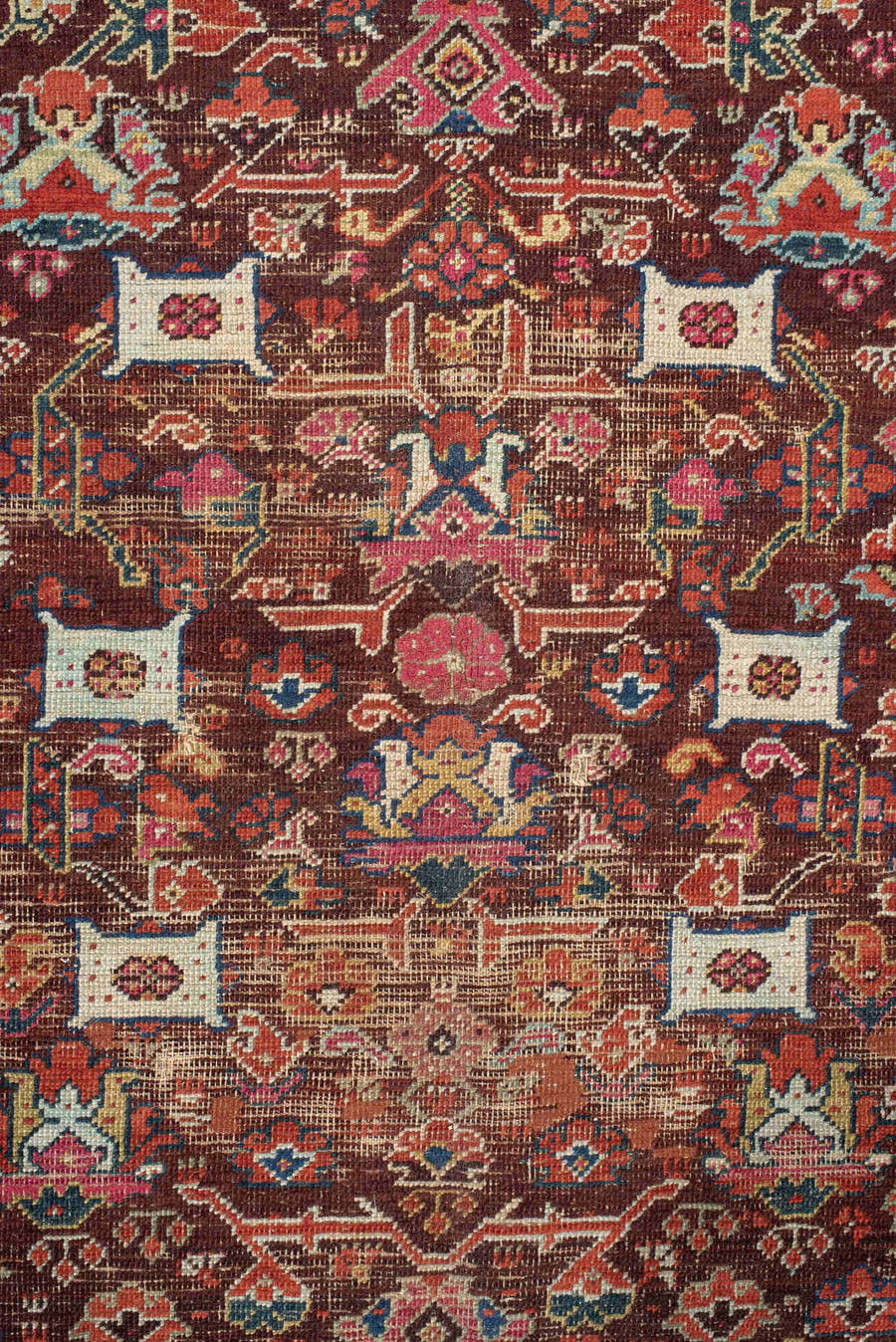 4' x 5' one-of-a-kind handmade vintage Anatolian small size rug. Color palette: rust, indigo, ivory, burgundy, sky blue