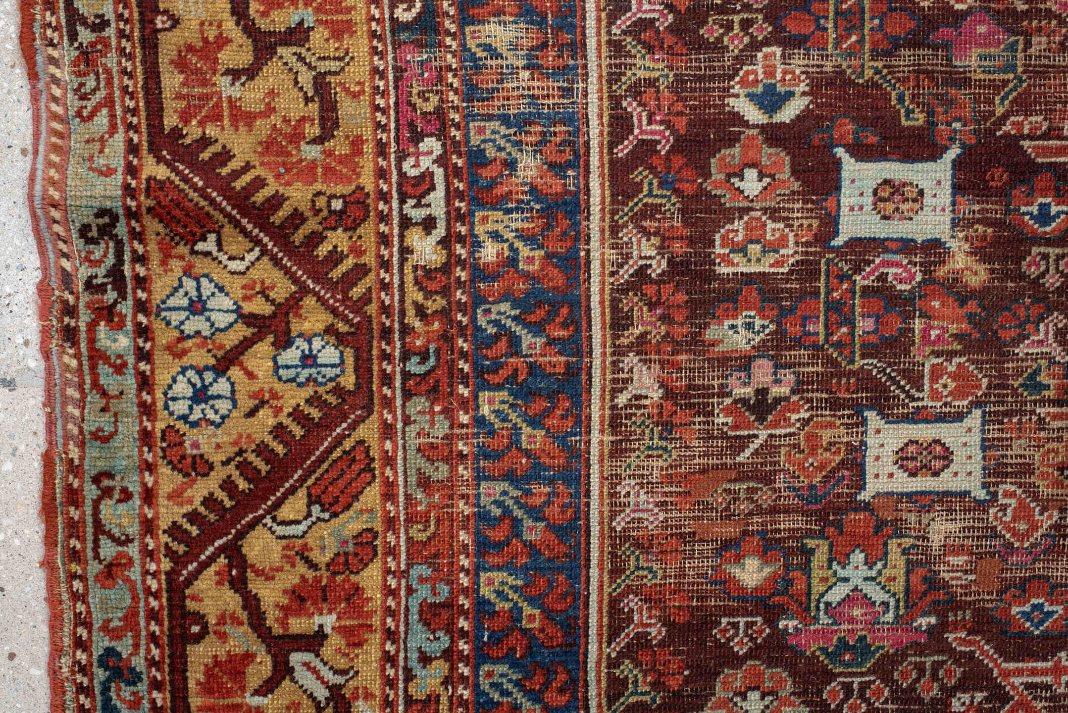 4' x 5' one-of-a-kind handmade vintage Anatolian small size rug. Color palette: rust, indigo, ivory, burgundy, sky blue
